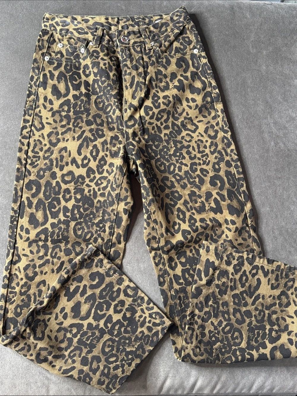 Women’s Leopard Print Wide Leg Denim Jeans Brown Black Y2K Size S NWOT